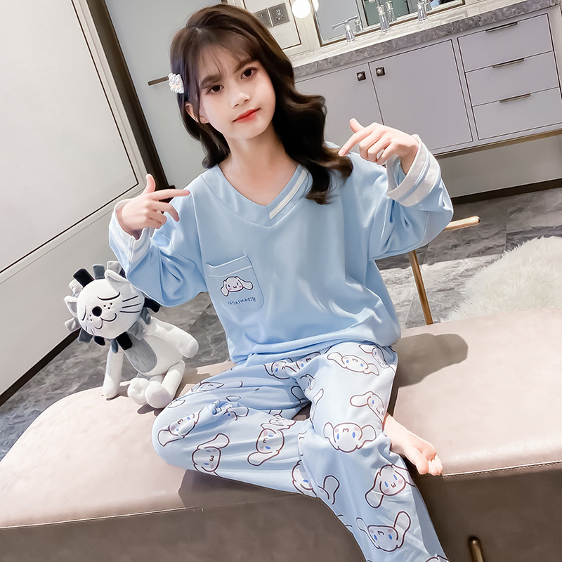 女童睡衣全棉纯棉女孩大童薄款长袖空调服童装玉桂狗儿童家居服