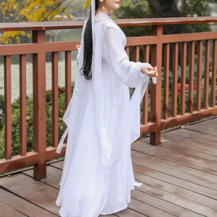 古装服装襦裙薄纱_白娘子鞠婧祎同款芸溪汉服白色超仙飘逸仙女古装