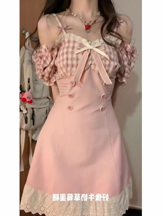 多巴胺甜妹裙子质感高级感2023夏季新款甜美少女格纹连衣裙吊带裙