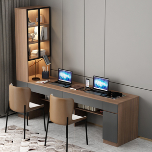 电脑桌书桌书柜一体家用学习桌写字桌现代简约实木轻奢双人办公桌