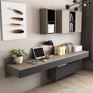 壁挂书桌书架组合实木卧室悬挂上墙悬浮化妆书台式电脑桌悬空书桌