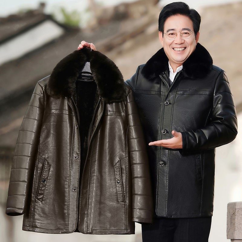 新品爸爸冬装皮衣男加绒加厚皮袄男款中长款保暖皮夹克中老年人皮