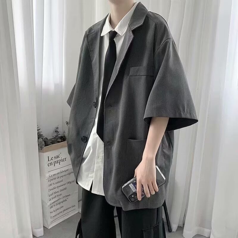 港风衬衫男夏季五分袖韩版潮流jk学生班服痞帅宽松dk制服衬衣外套