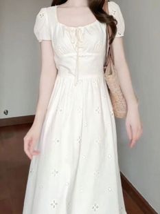 茶歇法式桔梗白色连衣裙子女夏季2024新款小个子收腰显瘦初恋长裙