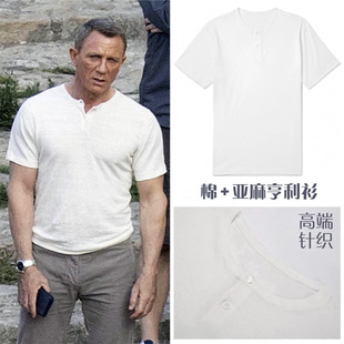 新款潮牌亨利衫美式重磅复古休闲纯棉亚麻白色短袖男款T恤007同款