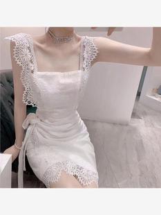 气质修身裙子质感高级感温柔风法式无袖白色蕾丝吊带连衣裙女夏季