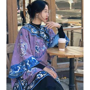 夏装新中式国风清汉女服饰独特上衣超好看中长款紫色印花斜襟衬衫