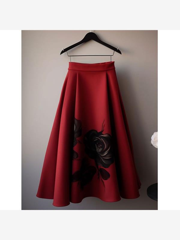 原创设计感女装红色印花半身裙秋冬a字裙高端欧货洋气半裙马面裙