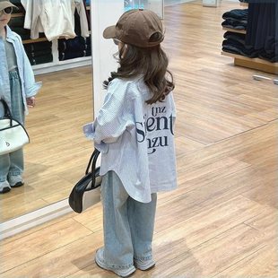 儿童套装2024春季新款韩国女童字母印花条纹衬衣破洞牛仔裤两件套