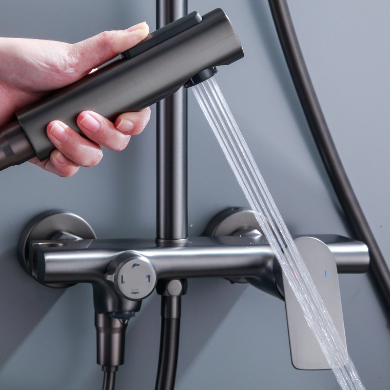 全铜四功能枪灰淋浴花洒套装家用浴室洗手间洗澡沐浴龙头