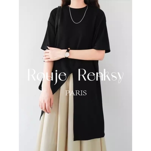 法国Rouje Renksy夏季设计感T恤女短袖中长款开叉纯色不规则上衣