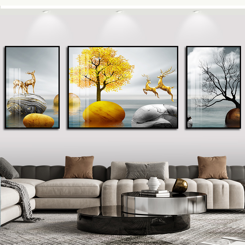 客厅装饰画沙发背景墙挂画现代简约墙画轻奢三联画壁画新款晶瓷画