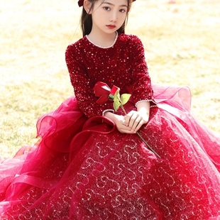 女童主持人钢琴演出礼服裙2024新款春季酒红色走秀儿童生日公主裙