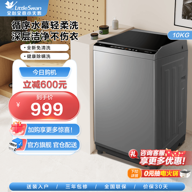 【纯净】小天鹅洗衣机全自动租房家用10KG大容量波轮 TB100V203B