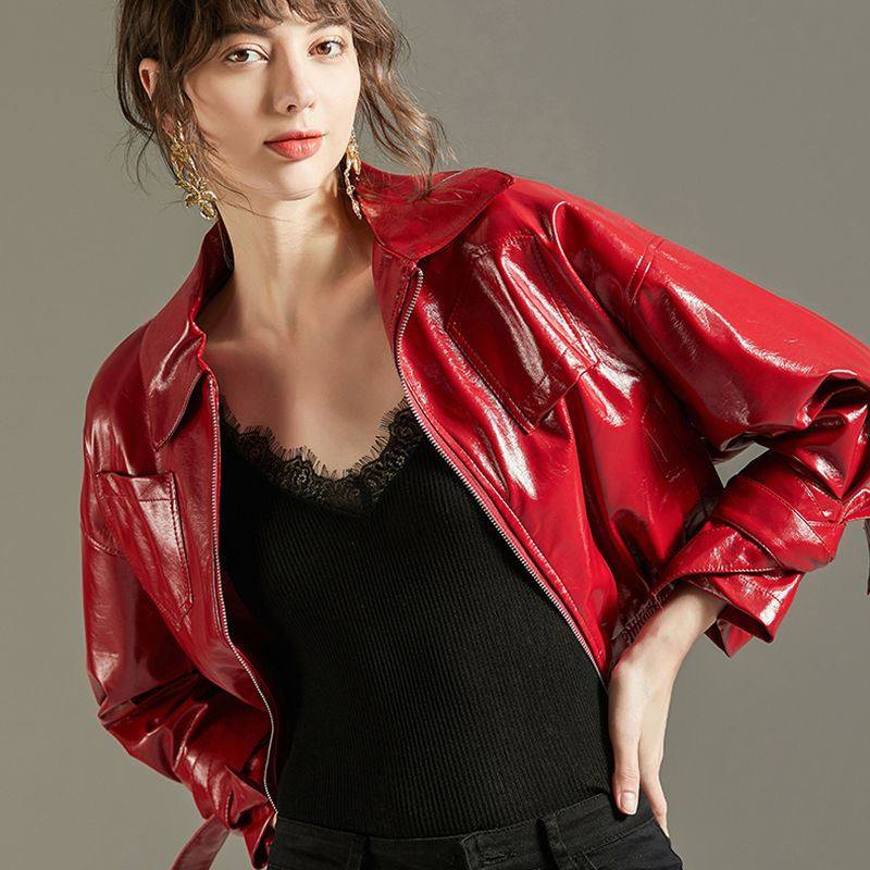 欧洲站2020春秋季新款红色漆皮亮面帅气露腰女式皮衣女短款皮夹克