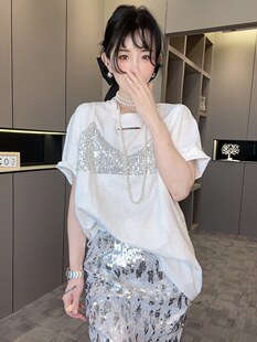 RR fashion 短袖T恤女2024夏季新款重工亮片蕾丝中长款圆领上衣