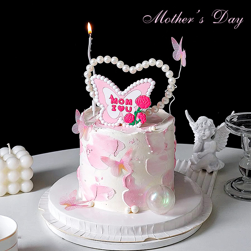 母亲节蛋糕装饰爱心蝴蝶软胶插件我爱妈妈摆件生日烘焙甜品插卡