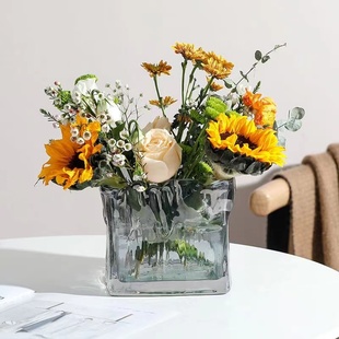 冰川纹方缸正方形玻璃花瓶餐厅水培绿植物铜钱草白掌绿萝水养鲜花