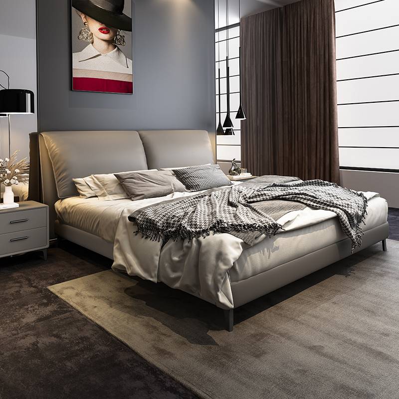 索菲亚床现代简约1.8米双人床真皮床主卧软床大床羽绒填充靠包轻