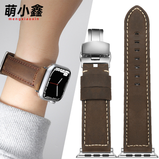 适用苹果手表九代s9/8真皮apple watch serises7/6/5表带疯马棕iwatch3/4SE表带牛皮42/45/44mm男女ultra潮牌