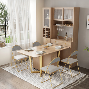 原木风餐边柜一体折叠餐桌家用小户型多功能可伸缩移动长方形桌子