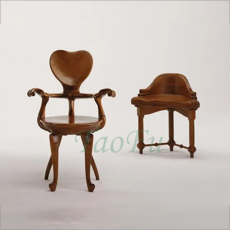北欧轻奢设计师实木雕花扶手椅脚凳复古风客厅中古爱心靠背餐桌椅