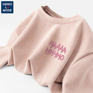 Genio Lamode麂皮绒短袖t恤男2024新款潮流粉色字母印花磨毛半袖
