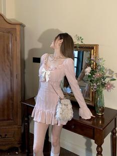 DREAM SEVEN77 粉色短款长袖连衣裙女2024年春季新款甜美显瘦裙子