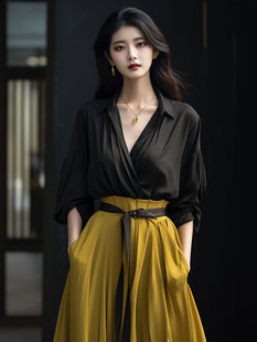 秋季新款气场强大女装职场高级感穿搭黑色衬衫上衣黄色半身裙套装