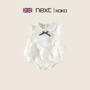 英国Next koko婴儿夏纯棉包屁衣女宝宝韩版蕾丝短袖百天礼服哈衣