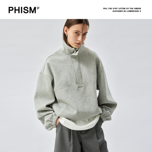 PHISM24年新款宽松女半开襟廓形卫衣oversize慵懒风短款立领外套