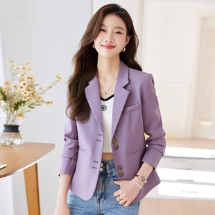 紫色休闲西装外套女春秋2024新款高级感时尚小个子短款百搭小西服