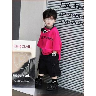 清货巴拉巴柆男童夏季新款套装儿童短袖韩版宽松火龙果色T恤黑色