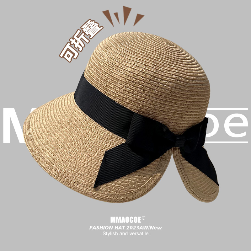 草帽海边遮阳帽子可折叠扎马尾蝴蝶结显脸小出游防晒紫外线太阳帽