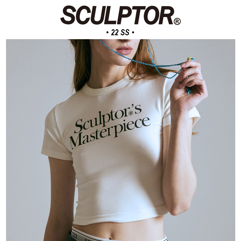 SCULPTOR秦岚同款白色纯棉正肩高腰露脐短袖t恤女夏辣妹紧身上衣