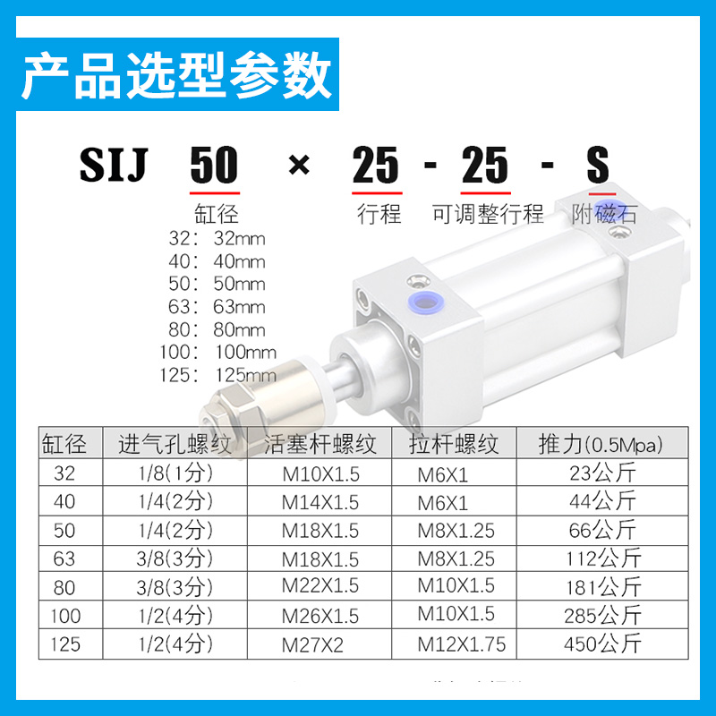 亚德客标准气缸SIJ32/40/50/63/80/100/125X25X50X75X100X125-50S