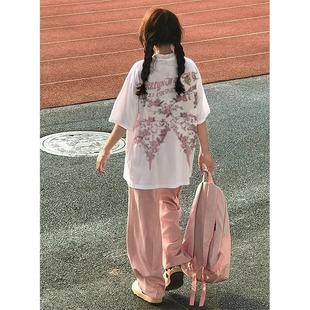 纯棉短袖t恤衣服女2024新款爆款夏季宽松玫瑰蝴蝶结印花时尚洋气