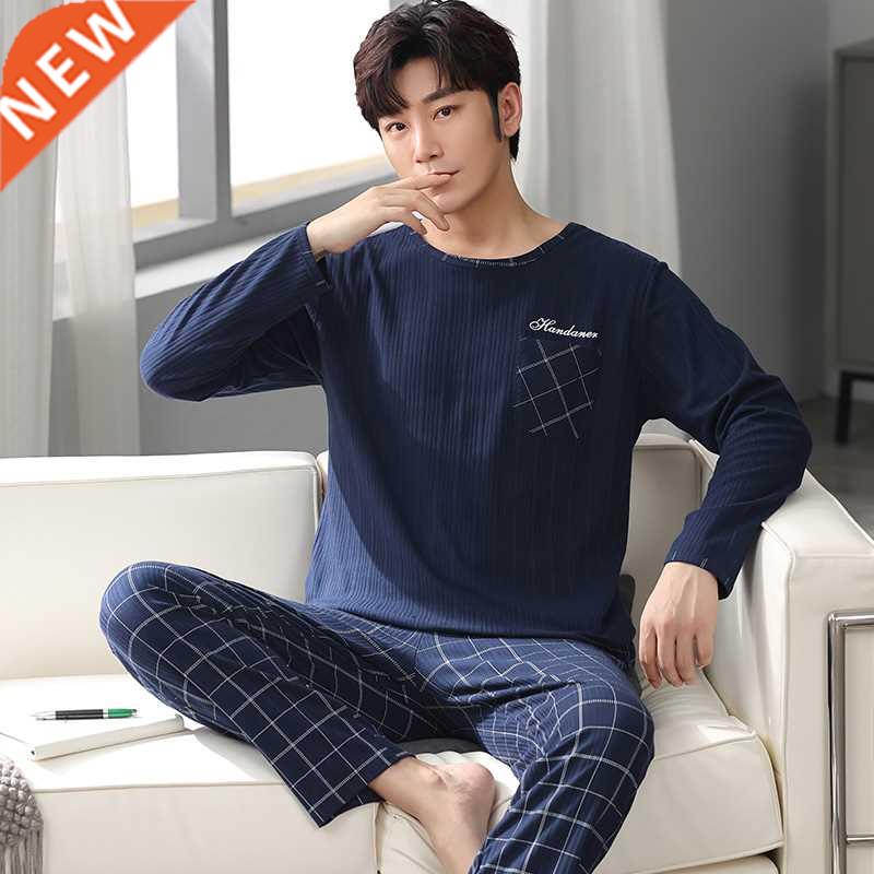 Autumn Men's Pure Full Cotton Pajamas Plaid Sleepwear Big Ya