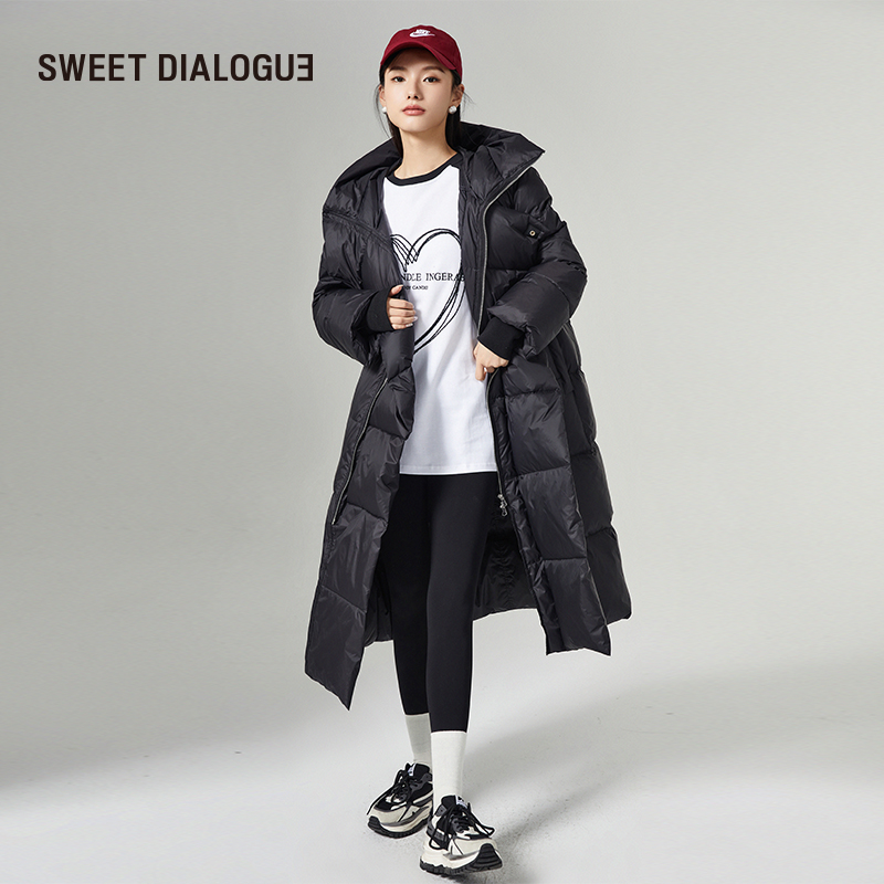 sweetdialogue/叙适 连帽黑色中长款女羽绒服宽松白鸭绒加厚过膝