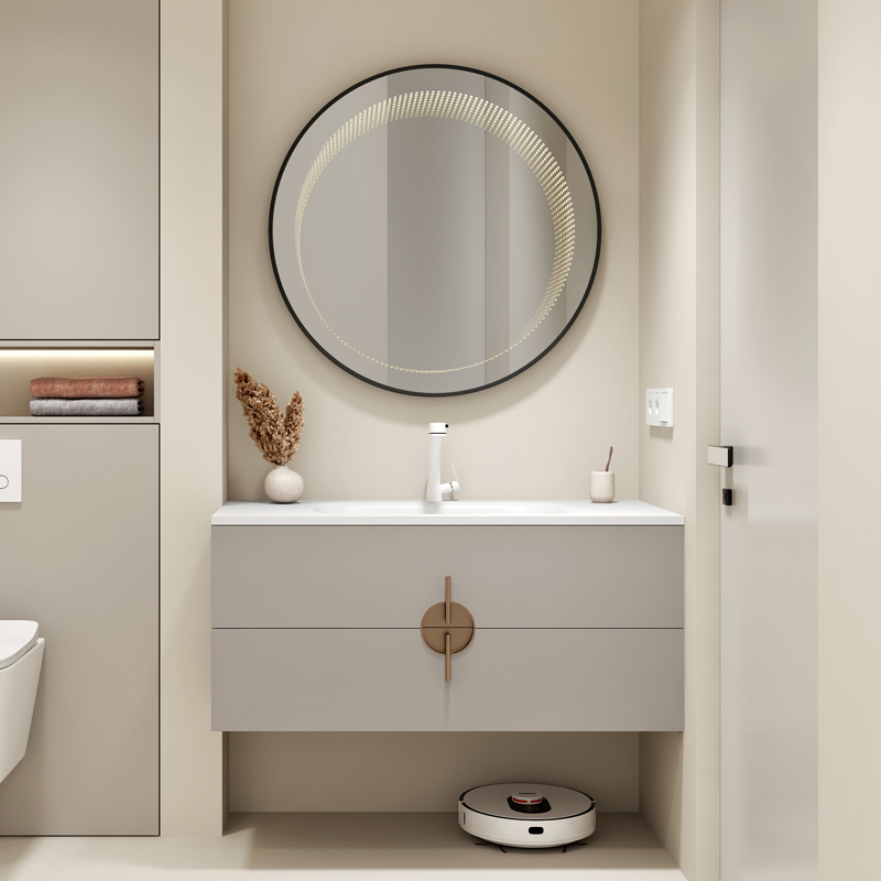 奶油风实木烤漆浴室柜高端轻奢洗漱台肤感可丽耐一体盆切角定制