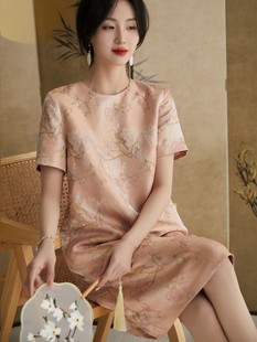 素木新中式国风复古改良旗袍裙夏新款高端精致提花中长款连衣裙女