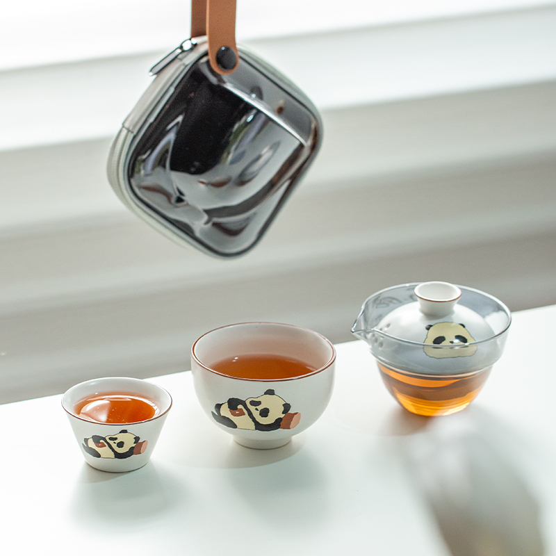 熊猫旅行茶具快客杯玻璃便携式户外旅游功夫茶具一壶两杯陶瓷茶具