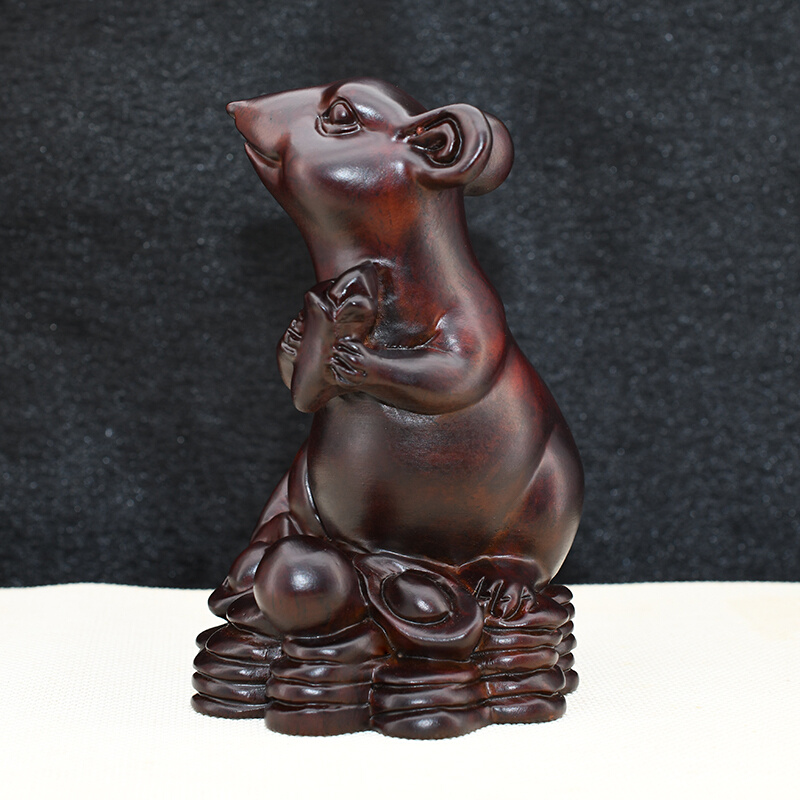 黑檀木雕生肖鼠摆件家居办公室招财实木红木工艺品雕刻根雕装饰品