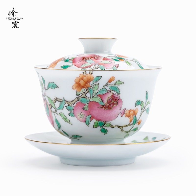 徐窑粉彩 福寿三多盖碗 景德镇手工绘制陶瓷器 佛手石榴蟠桃画面