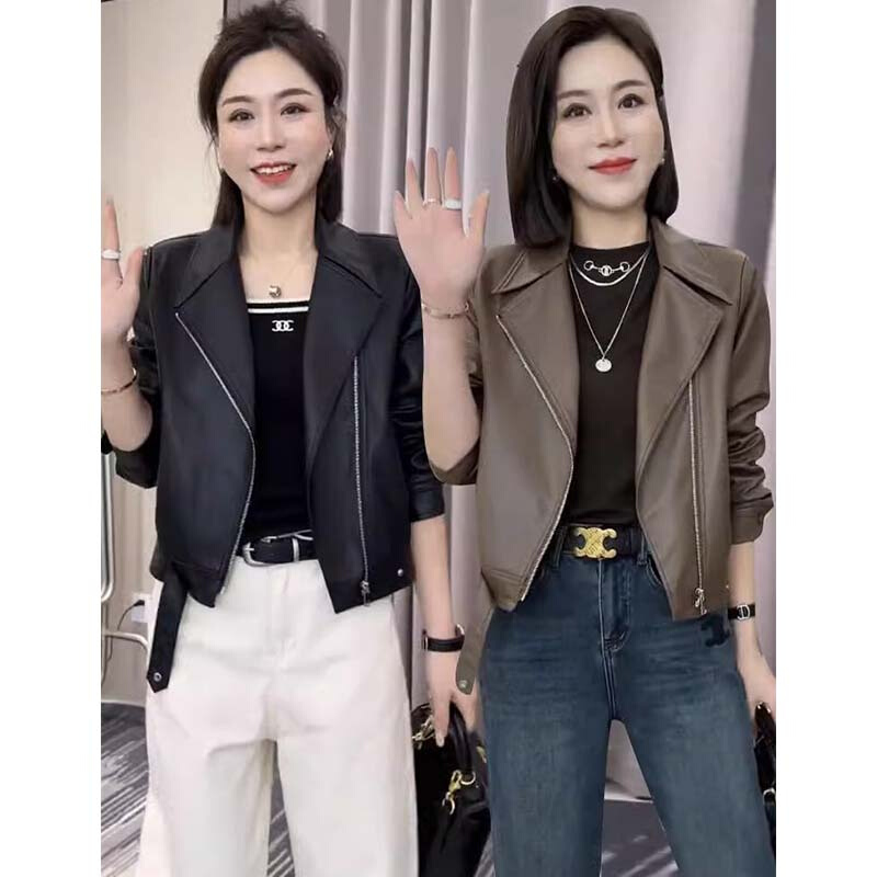 咖色皮衣外套女2023新款春秋款休闲小个子复古短款机车皮夹克上衣