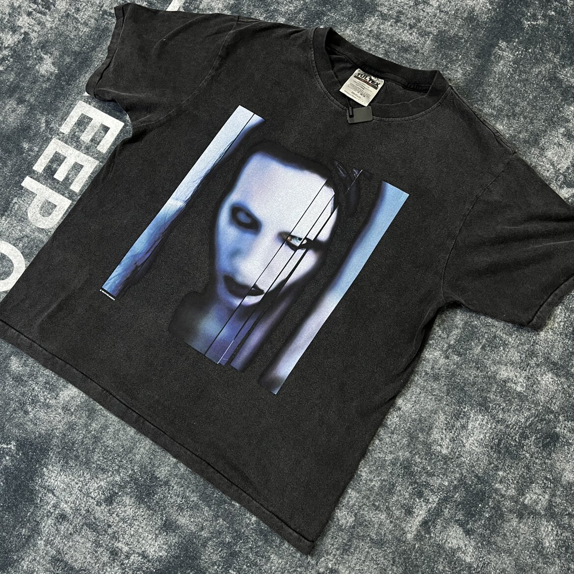 vintage高端白墨印花玛莉莲曼森水洗做旧vtg曼森欧美圆筒布t桖