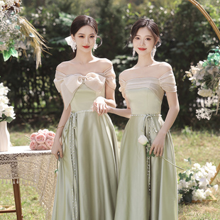 绿色缎面伴娘服2024新款夏季小众高级感姐妹团仙气质显瘦晚礼服裙