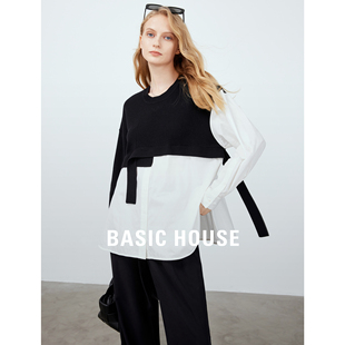 Basic House/百家好小众设计拼接撞色卫衣女2024春季新款减龄衬衫