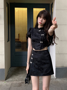 新中式女装2023新款夏改良黑色旗袍甜酷风时尚辣妹半身短裙两件套
