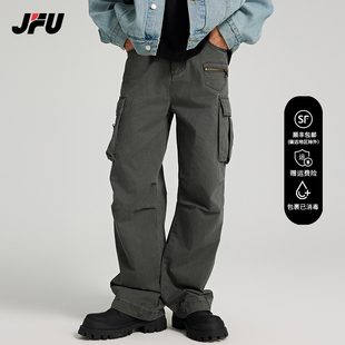 JFU 美式高街工装长裤子男款夏季薄款阔腿垂感潮牌牛仔裤男生长裤